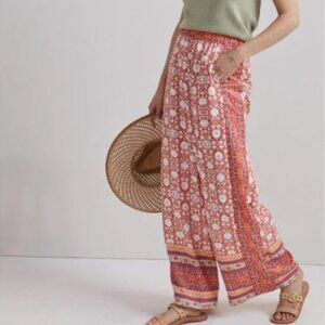Anthropologie Vale Satiny Wide Leg High Waist Boho Printed Pants Pink Motif